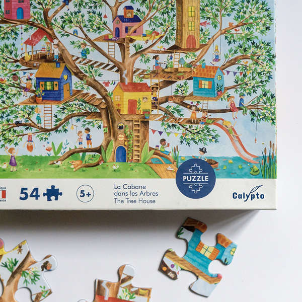 Illustration puzzle à l'aquarelle arbre & cabanes - ipiapia pour Sentosphère