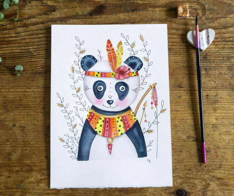 Panda Indien. Illustration originale à l'aquarelle et encre de chine sur papier coton. Tous droits réservés - ipiapia.